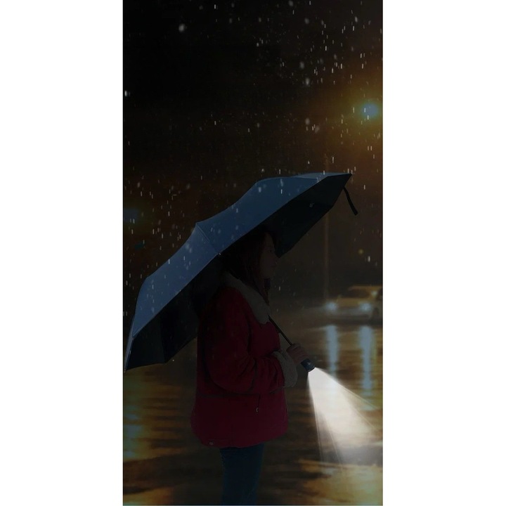 Umbrela cu lanterna LED CETECHNOLOGY, Rezistenta la Vant, Albastru deschis, 10 Tije