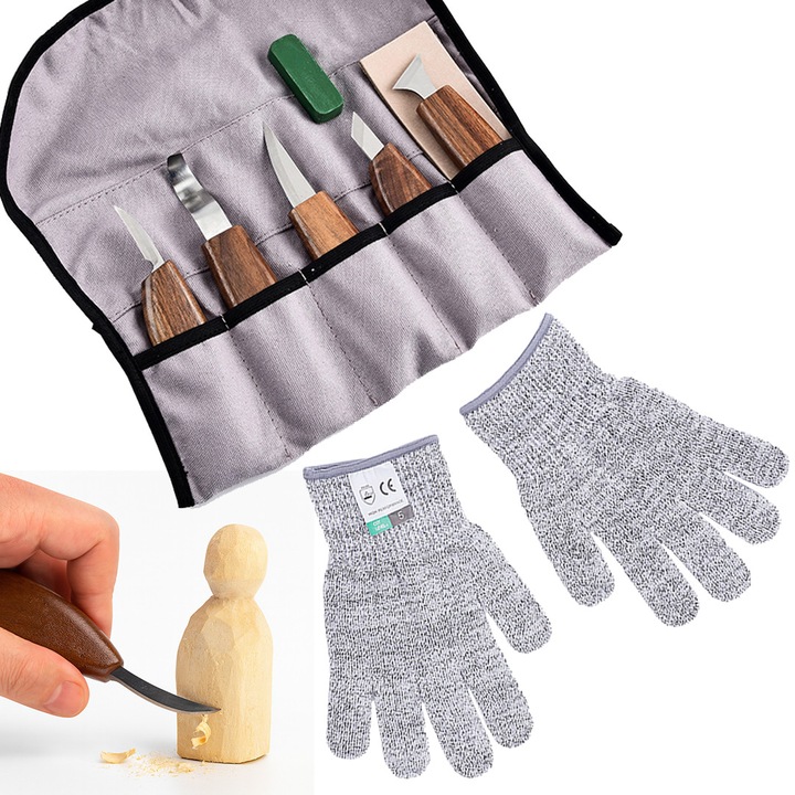 Комплект инструменти за дърворезба, Pixel, 9 елемента, с ръкавици, кутия за съхранение