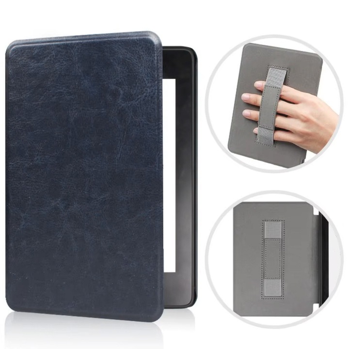 Husa din piele cu maner pentru Kindle Paperwhite 6/ Colorsoft/ Signature Edition, culoare bleumarin