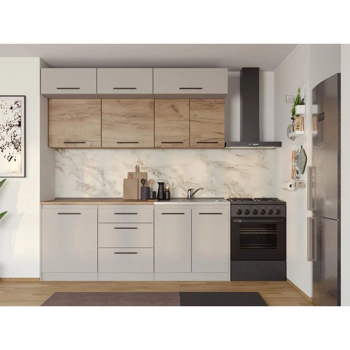 Set Mobila Bucatarie, Linea 200cm, Casmir/Stejar, C24, Pal Melaminat