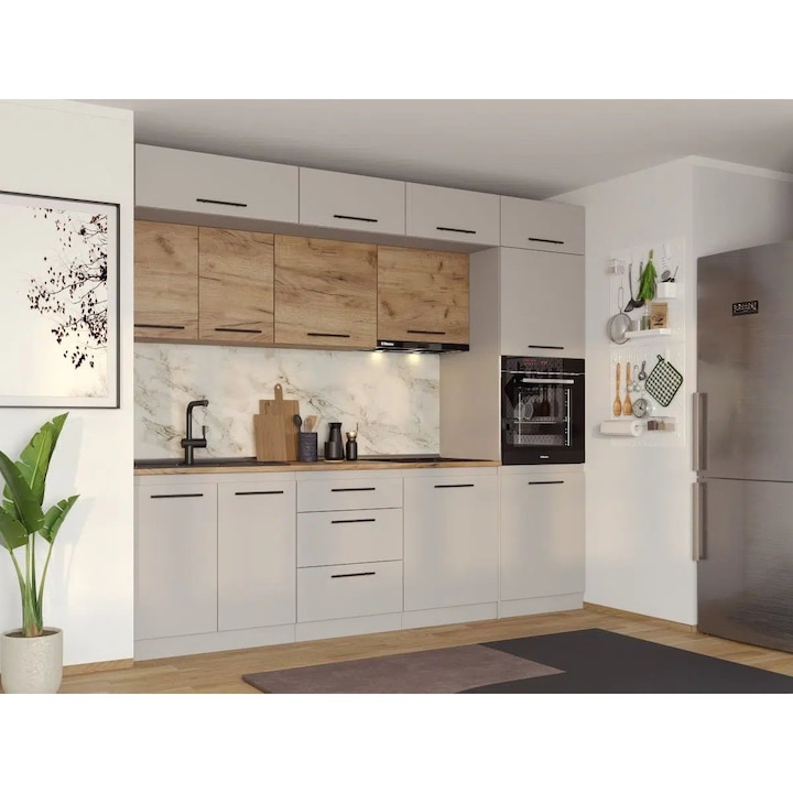 Set Mobila Bucatarie, Linea 260cm, Casmir/Stejar, C27, Pal Melaminat