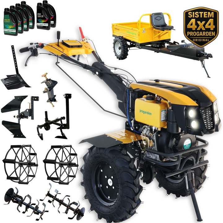Motocultor ProGARDEN Campo 1273 Alpine V2, 12CP + Prasitoare PRS20-45 + Remorca RM500T+ Plug bilonat/rarita + Plug reversibil + Adaptor + 2x Roti metalice 540x170 + 4 L ulei