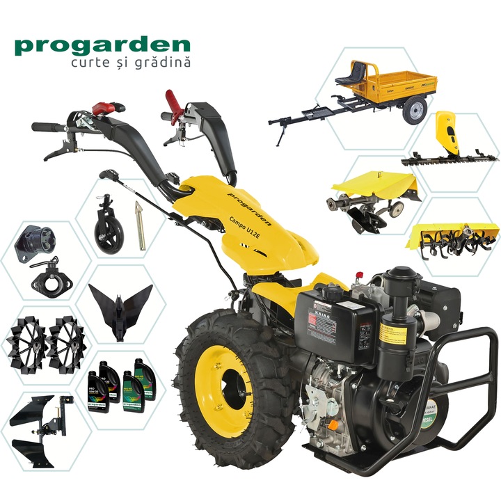 Motocultor ProGARDEN Campo U12E 12CP + Remorca RM500C 500Kg + Bara cosire BC120M + 3x Plug + Freza tractata FT90 + 2x Roti metalice RM47 + 2x Cuple + 4L Ulei