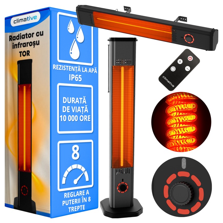 Radiator cu infrarosu Climative TOR 2000W, 8 trepte de reglare, durata de viata 10000h, IP65, montaj pe perete si utilizare ca dispozitiv de podea, pentru interior si exterior, incalzitor de terasa, negru