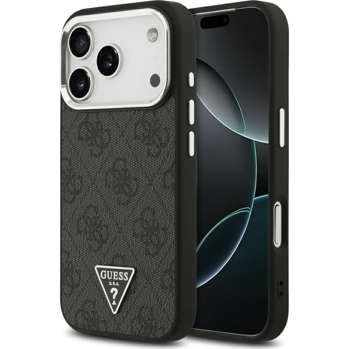 Калъф, Guess Hardcase Leather 4G Triangle Strass за iPhone 17 Pro Max, Черно