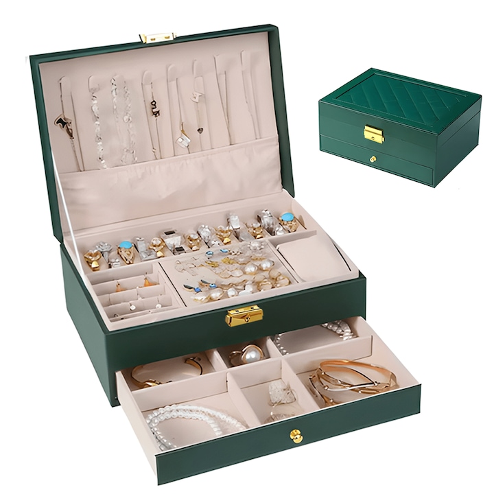 Кутия за бижута Teno®, за организиране и съхранение, 2 отделения, фина подплата, отделения за пръстени, гривни, висулки, часовници, тайно отделение, 23 x 10 x 17 cm, зелена