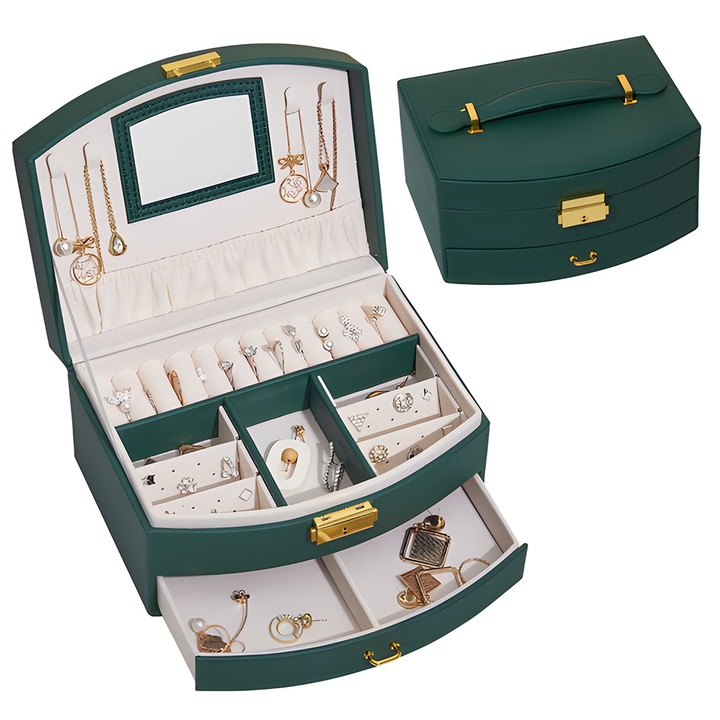 Кутия за бижута Teno®, тип чанта, за организиране и съхранение, 2 отделения, фина подплата, дръжка за хващане, отделения за пръстени, гривни, висулки, часовници, 20 x 12 x 9, 7 cm, зелена