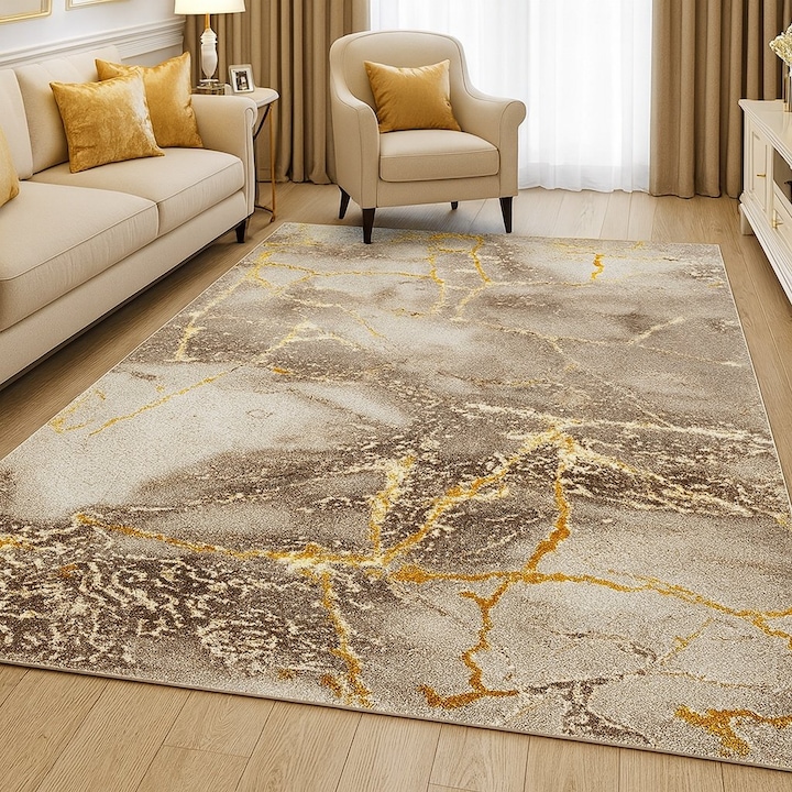 Килим LIVARIO 250 x 350 см Мармара Греси Бежово Злато, Сертифициран Oeko, Плътност 2.5 кг/м2, Дебелина 12 мм, Брой възли на м2 29000, Антре, Всекидневна, Спалня