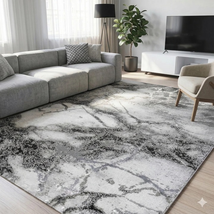 Covor LIVARIO 125 x 200 cm Marmara Gresie Grey, Certificat Oeko, Densitate 2.5KG/m2, Grosime 12 mm, Numar noduri pe m2 29000, Hol, Living, Dormitor