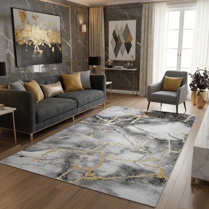 Covor LIVARIO 150 x 230 cm Marmara Gresie Grey Gold, Certificat Oeko, Densitate 2.5KG/m2, Grosime 12 mm, Numar noduri pe m2 29000, Hol, Living, Dormitor