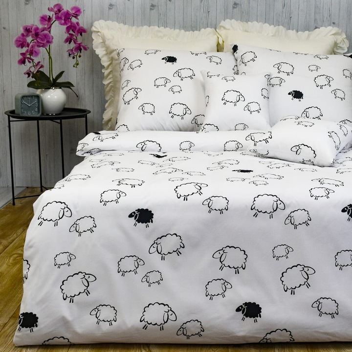 Set Lenjerie De Pat, Somn Profund, 140 x 200 cm, Bumbac De Inalta Calitate, Fermuar, Certificat Oeko Tex Standard 100, Alb / Negru