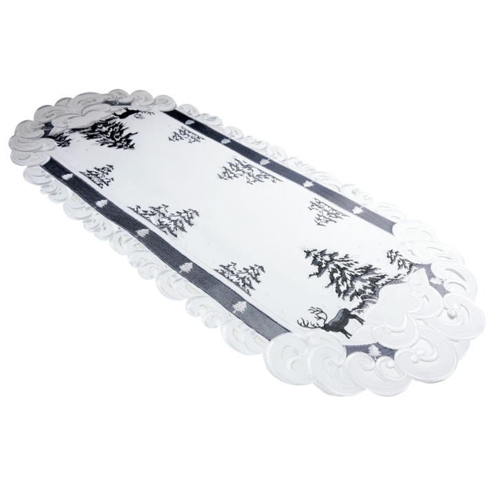 Fata De Masa, Jedeka, 40 x 170 cm, 100% Poliester, Ovala, O Decorare Eleganta Pentru Orice Masa, Durabila, Rezistenta La Murdarie, Alb / Negru