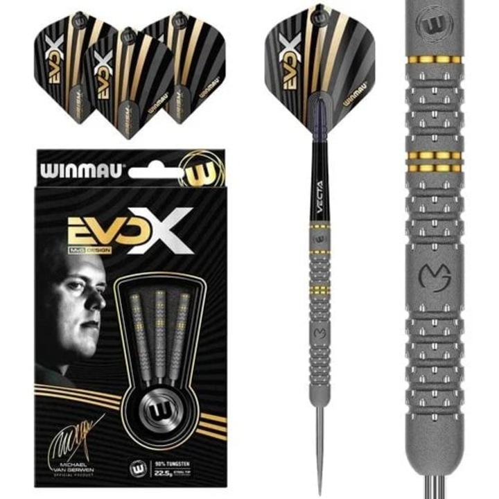 Комплект 3 дартс стрелички Winmau MvG Evo-X, стоманени, 22.5гр, 90% волфрам