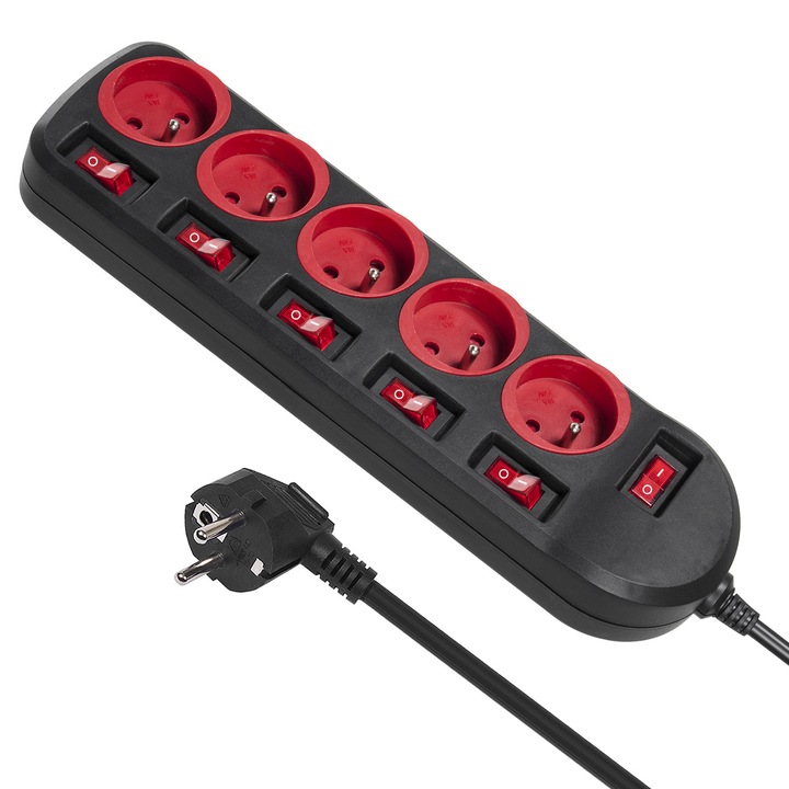 Prelungitor, Maclean MCE204, 5 prize cu intrerupatoare, 1,5m, set 2 bucati