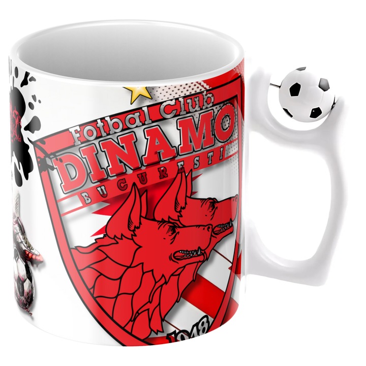 Cana personalizata - Dinamo Bucuresti, fotbal, cu minge fotbal, suporter, alba, ceramica, 330 ml, v11