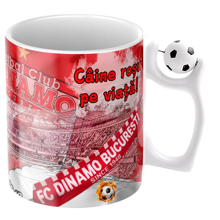 Cana personalizata - Dinamo Bucuresti, fotbal, suporter, cu minge de fotbal, alba, ceramica, 330 ml, v12