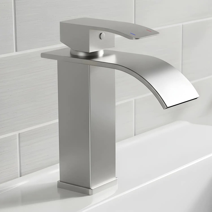 Смесител за мивка Elindor, Висок, Тип Водопад, Модерен кран за вода, Едноръкохватков за Кухня и Баня, От неръждаема стомана, 14 см, Хромиран завършек, Сребрист