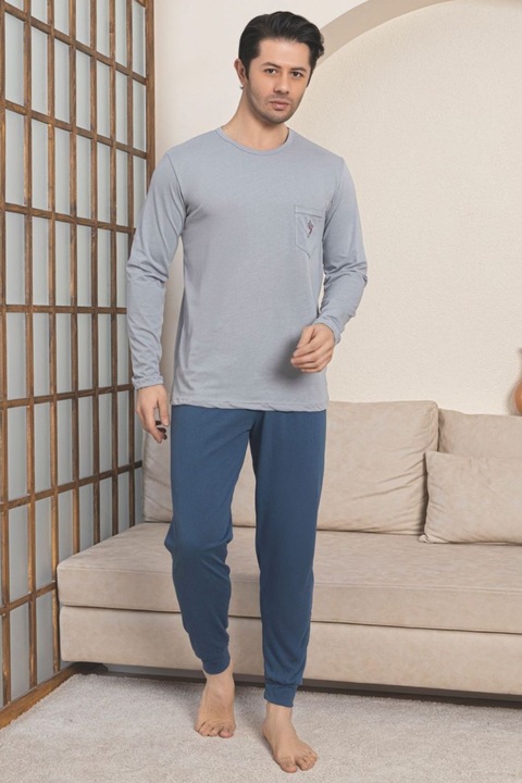 Hosszú férfi fésült pamut pizsama, szürke 1055 10925, Szürke