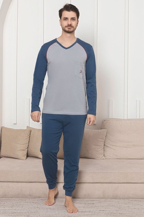 Pijama lunga bumbac penye pentru barbati, albastru 1057 10927, Albastru
