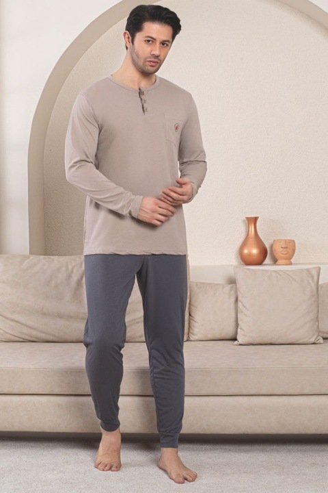 Hosszú fésült pamut férfi pizsama, bézs 1057 10928, Bézs