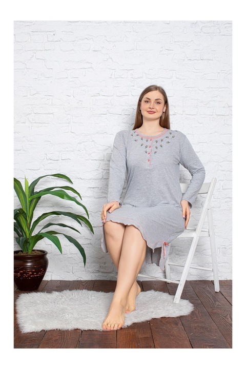 Camasa de Noapte Dama din Bumbac Moale, Maneca Lunga, batal, gri 1068, XL