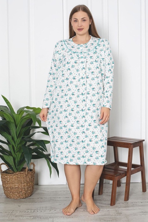 Camasa de Noapte Vatuita pentru Femei batal, Calduroasa si Confortabila, din Bumbac, cu Nasturi si Imprimeu Floral 1141 11044, Alb