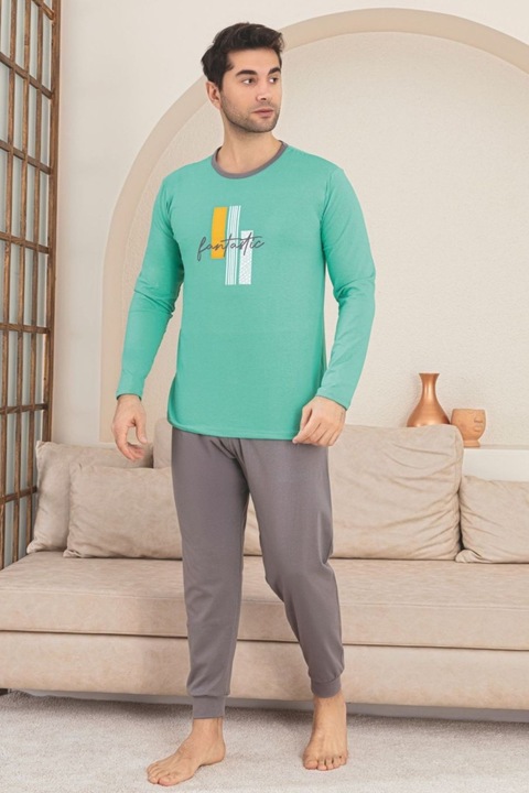 Férfi hosszú pamut pizsama, szürke/zöld 1200 10830, Zöld