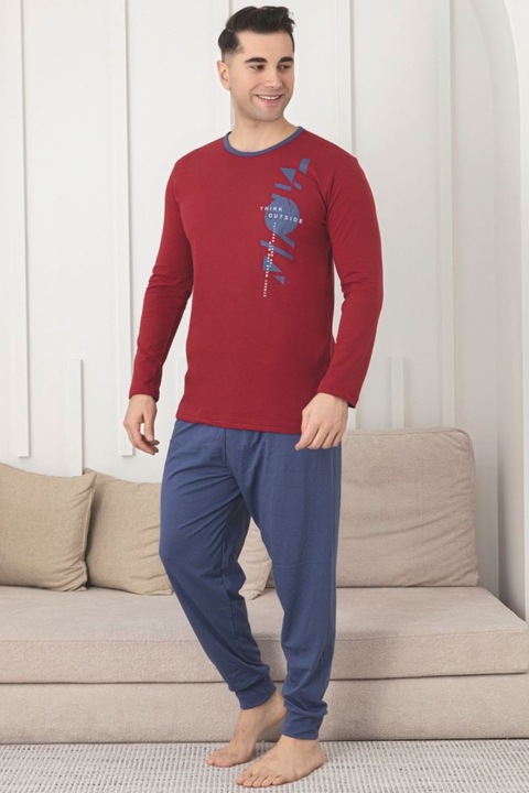 Férfi hosszú pamut pizsama, sötétkék/bordó 1206 10844, Tengerészkék