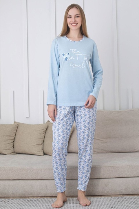 Kényelmes női pamut pizsama, blúzzal és hosszú nadrággal szett, világoskék 200 11107, Kék