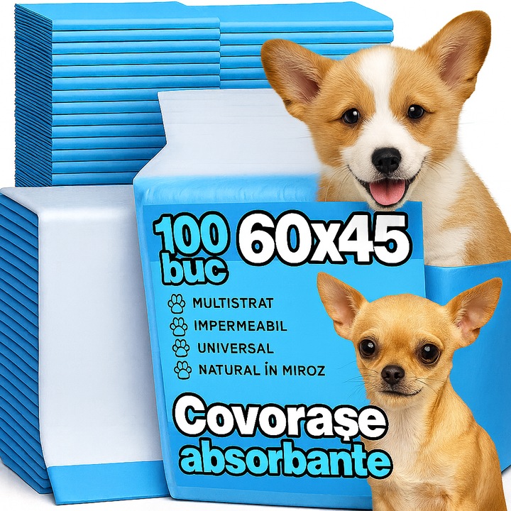 Set de 100 de covorase igienice absorbante, 60x45cm, gros, pentru caini cu margini sigilate pentru prevenirea scurgerilor de lichid, strat inferior impermeabil, albastru