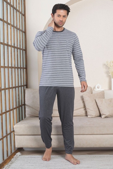 Férfi hosszú pamut csíkos pizsama, szürke 3003 10816, Szürke