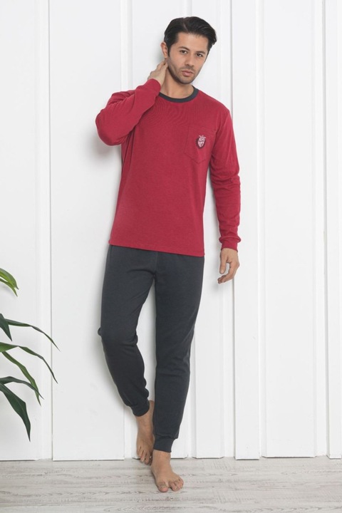 Hosszú férfi interlock pamut pizsama, szürke/bordó 407 10921, Szürke