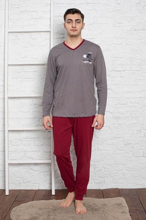 Pijama lunga bumbac pentru barbati, gri/visiniu 506 10914, Gri