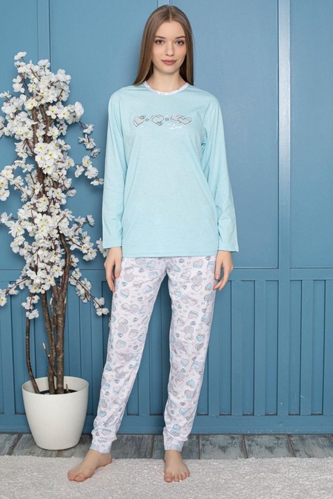 Női kényelmes pamut pizsama szett, felsővel és hosszú nadrággal, kék 806 11157, Kék