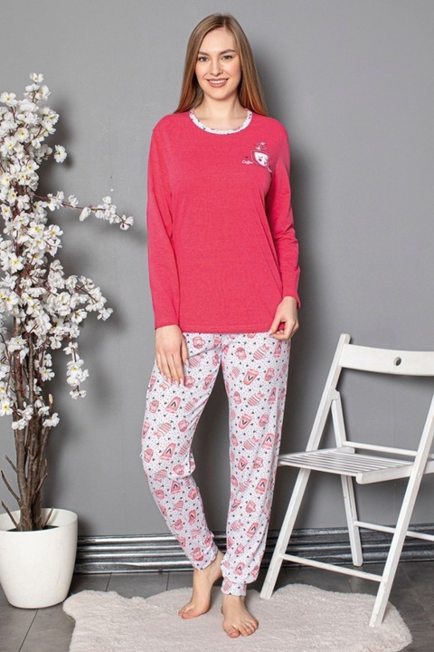 Kényelmes női pamut pizsama szett, blúzzal és hosszú nadrággal, rózsaszín 812 11162, Rózsaszín