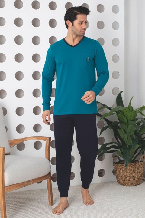 Hosszú pamut lycra férfi pizsama, zöld 901 11005, Zöld