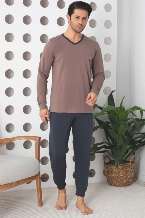 Hosszú pamut lycra pizsama férfiaknak, szürke/bézs 902 11010, Szürke