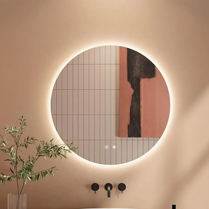 Oglinda de Perete, Elindor®, Rotunda, fara Rama, Iluminare Led, Intensitate Ajustabila, Anti-aburire, 3 Temperaturi de Culoare, 80 x 80 cm