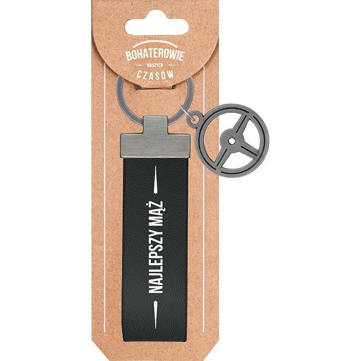 Breloc functional Be-Happy Gifts, "Najlepszy Maz", metal, imitatie piele, 11x3cm, cu suport cartonat