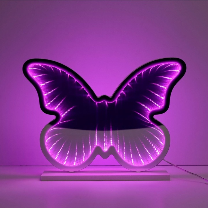 Lampa LED Infinity Mirror Fluture Fucsia Negru 25x6x19.5cm Neon USB cu 60 LED Oglinda 3D