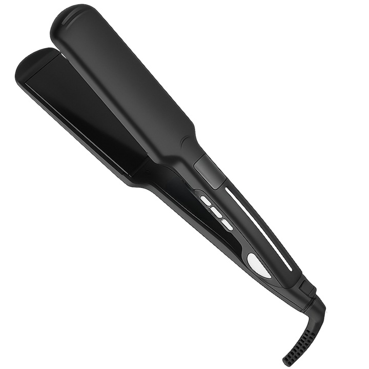Placa de indreptat parul profesionala cu placi ceramice late, ecran digital, 230°C, temperatura reglabila, incalzire rapida, cablu rotativ 360° si Easy Lock, potrivita pentru toate tipurile de par, Negru