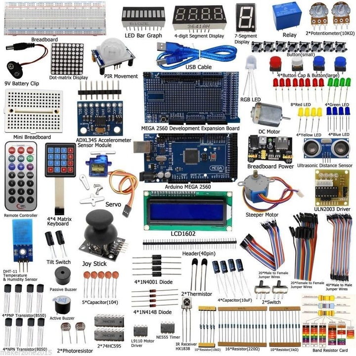 Kit complet de pornire pentru proiecte electronice STEM pentru Arduino cu Mega2560, LCD1602, servo, motor pas cu pas, senzori, placa de test, fir de conectare, rezistor, condensator, tranzistor si tutorial