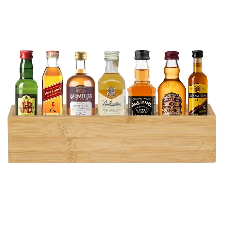 Pachet cu o selectie rafinata de 7 mini bauturi spirtoase de 0.05l si cutie de bambus, JACK DANIELS 40%, Johnnie Walker Red Label, Alexandrion 5*, Chivas Regal 12 ani, Ballantine's Finest Whiskey, J&B Rare Whisky, Carpathian