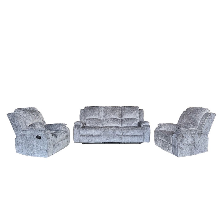 Set Canapea cu 2 Fotolii, Sistem Recliner Manual Amber, culoare Gri