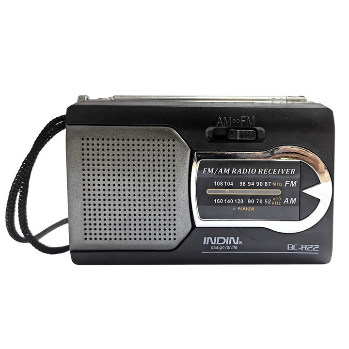 Преносимо радио INDIN, AM/FM, с вграден високоговорител, телескопична антена, черно