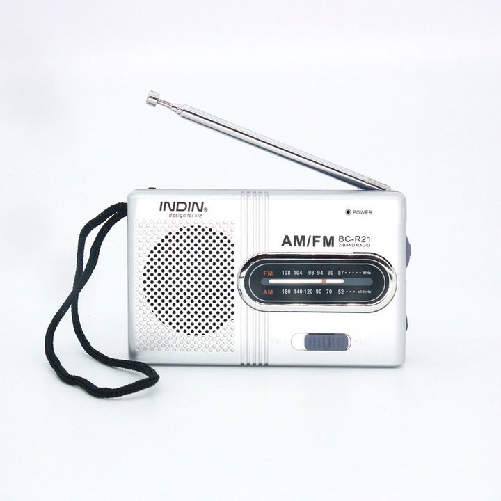 Преносимо радио INDIN с телескопична антена, жак за слушалки, AM/FM приемане, сребристо