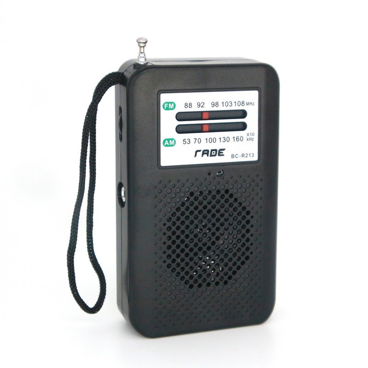 Преносимо радио rADE, AM/FM, презареждаема батерия, вграден високоговорител, телескопична антена, черно