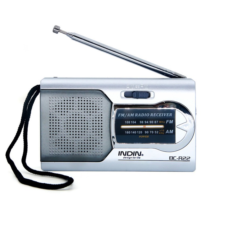 Преносимо радио INDIN, AM/FM, захранване с батерии, вграден високоговорител, телескопична антена, сребристо