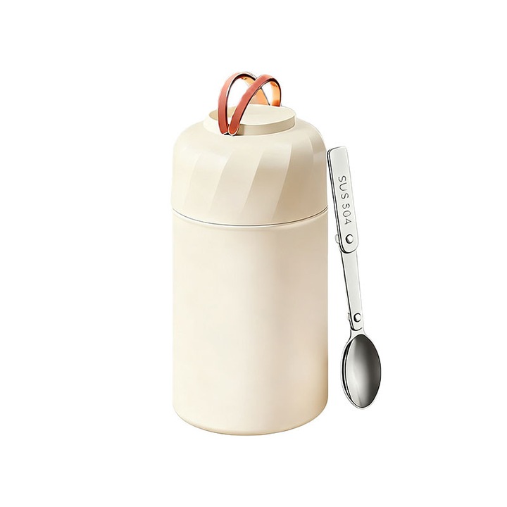 Termos pentru alimente, 500ml, inox, crem, 10x16.5cm, cu lingura pliabila, portabil