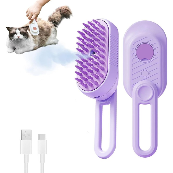 Állattisztító kefe, 4 az 1-ben, lila, 13,5x6,2cm, macskáknak és kutyáknak, USB újratölthető, 1 kefe + USB-C kábel szett